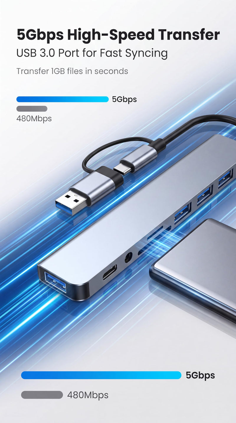 Eanetf 8-in-1 USB C Hub 2-in-1 Connector 4 USB A for Laptop Mac | 2-in-1 USB-A/USB-C connector, 1x USB 3.0 + 3x USB 2.0 + USB-C data, SD/TF dual card slots, 3.5mm audio jack, Plug and play