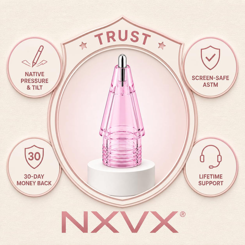 NXVX Replacement Tips for Apple Pencil, Silver Standard, 6-Pack, Pink | Paper-feel needle nib for writing and sketching, wear-resistant metal, fits all generations, clear flip storage case F2 6-Pack Silver Standard Pink