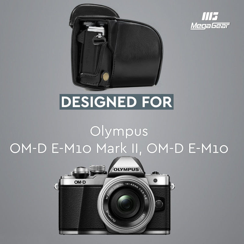 MegaGear MG636 Olympus OM-D E-M10 Mark II, E-M10 (14-42mm) Ever Ready Leather Camera Case and Strap - Black