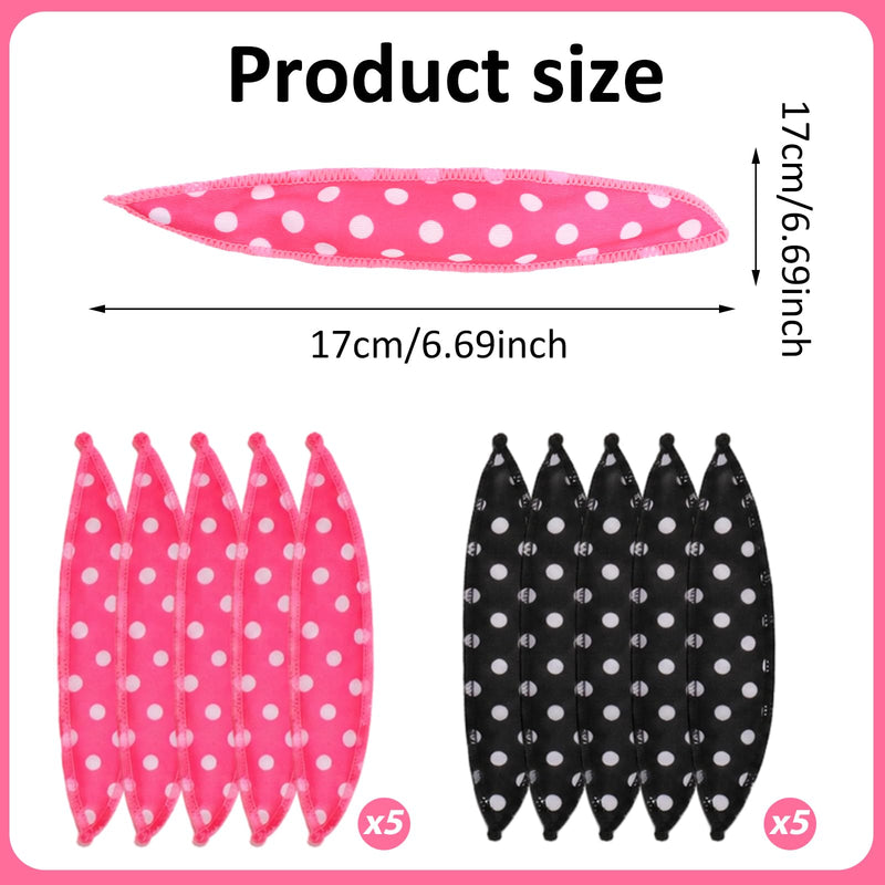 10pcs Heatless Curlers Short Hair No Heat Hair Curlers Overnight Soft Sponge Pillow Curlers Rollers for Hair Styling Retro Polka Dots Design (Black, Rose Red)