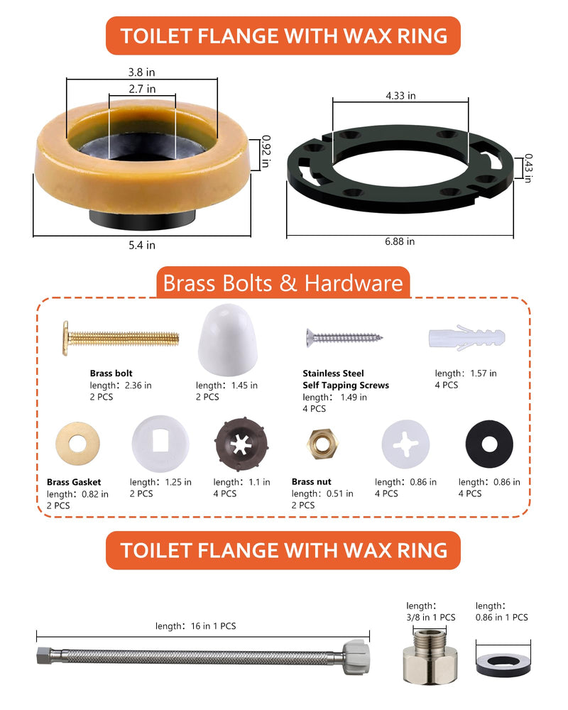 Toilet Wax Ring Kit with Flange and 16in Supply Line for 3 or 4in Drain | Repair Leaking Toilet, Toilet Installation Kit, Fix Damaged/Rusted Flange, Toilet Flange Repair Kit Toilet Flange with Standard Wax Ring & Water Supply Line