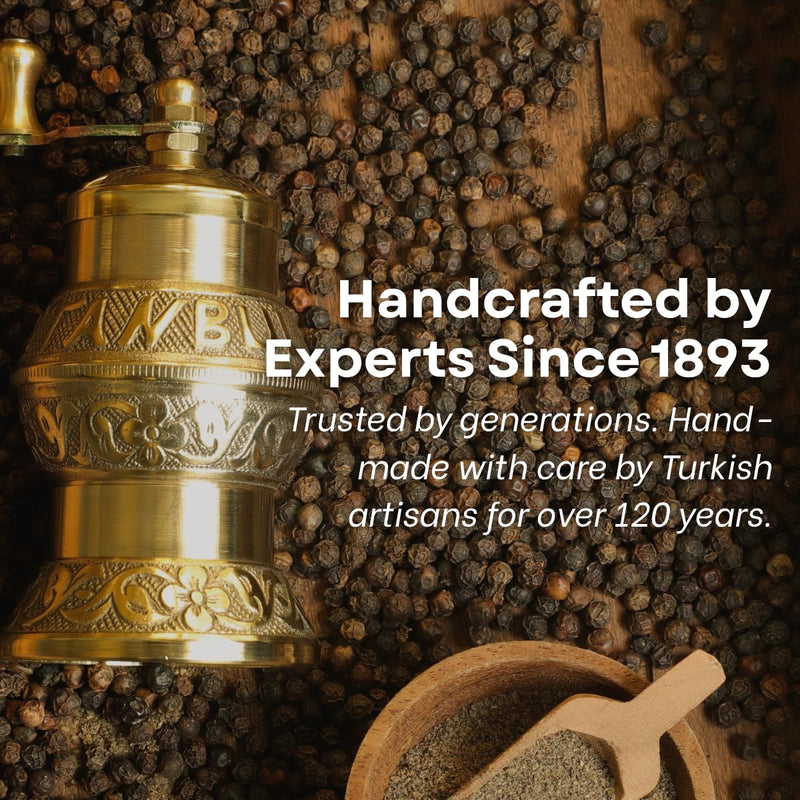 Sozen 4.7" Istanbul Manual Pepper Grinder Brass – Handmade Turkish Pepper Mill, Conical Burr Spice Grinder, Portable Hand Crank Mill for Salt, Peppercorns, and Other Spices with Durable Brass Decor