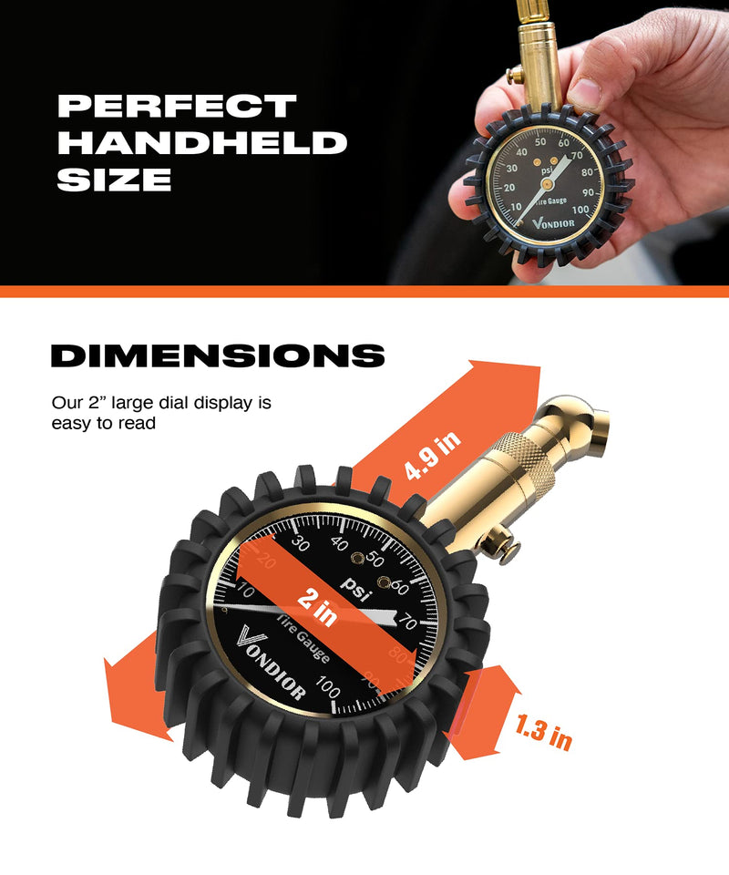 Vondior Tire Pressure Gauge (0-100 PSI) Certified ANSI Accurate with Large 2 Inch Easy to Read Glow Dial, Low - High Air Pressure Gauge. Tire Gauge for Car and Trucks Tires 0-100 PSI Tire Gauge w/o Hose