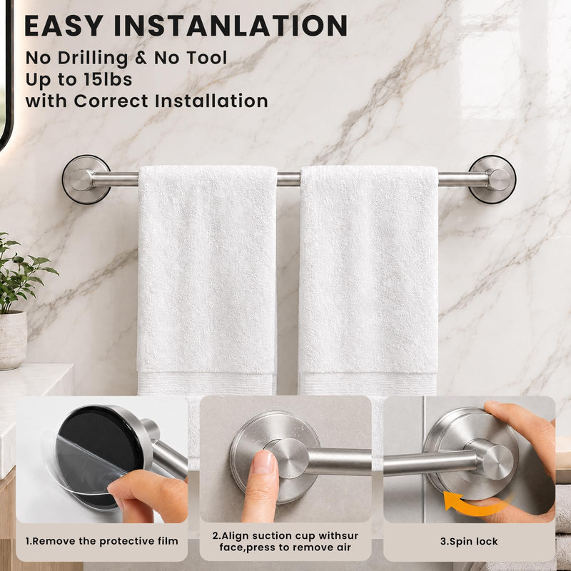 Towel Racks for Bathroom, No-Drill Suction Cup Towel Bar, Stainless Steel Adjustable Towel Holder 14.6-24Inch for Shower, Kitchen, Bathroom Wall(Silver) Silver