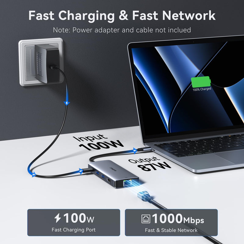 USB C Hub Ethernet USB-C Adapters for MacBook Pro/Air with HDMI 4K@60Hz | Mac Dongle with USB Port, 10 IN 1 USBC to HDMI Adapter 4K, USB C to Ethernet, 100W PD, USB-C to SD/TF Card Reader Dongle Hub