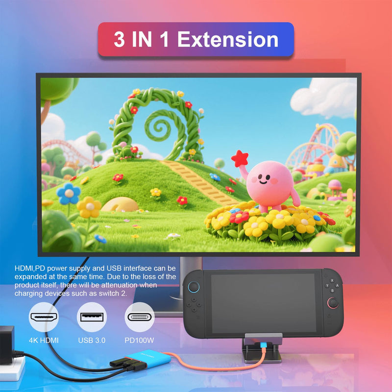 Switch 2 TV Dock fo Switch 2/Switch/Switch OLED, Portable TV Docking 3-in-1 USB C Hub with 4K@60Hz HDR, USB-A Port,100W Fast Charging