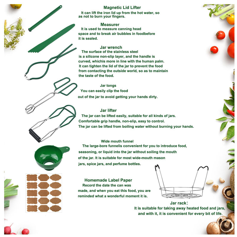 Canning Supplies Boxed Set, Canning kit, Stainless Steel CanningSet, Canning Supplies Starter kit, Jar Lifter, Folding Rack, Tongs, Multifunctional Canning Tools, Funnel for Mason Jars 7pack with label Green
