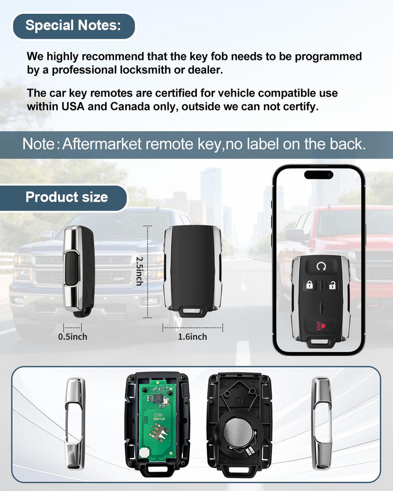 Key Fob Replacement for 2014-2020 Chevy Silverado 1500 2500 3500/2015-2021 Chevrolet Colorado/2015-2021 GMC Canyon/2014-2020 GMC Sierra, Keyless Entry Remote Control M3N-32337100 4-Button（Set of 2）