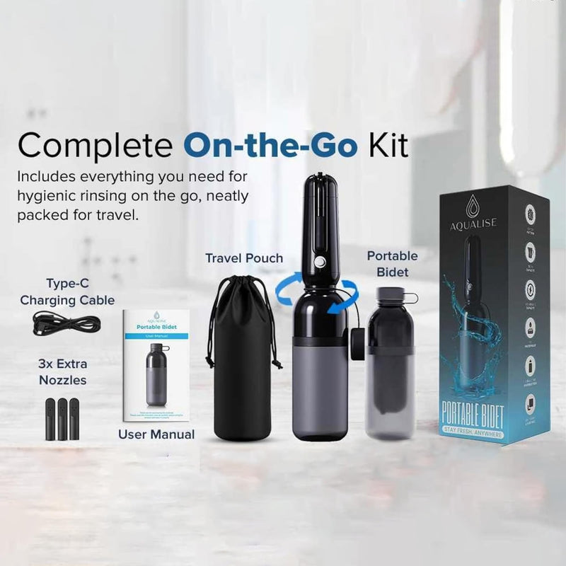Aqualise Portable Bidet for Travel, USB-C Rechargeable Electric Handheld Bidet Sprayer with 3 Nozzles & Carry Pouch - High-Pressure Waterproof Peri Bottle for Postpartum Care, Women & Men