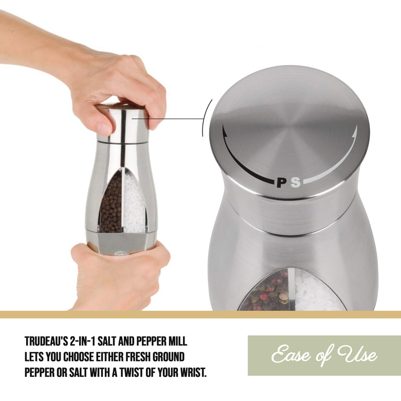 Trudeau Stainless Steel Manual 2-in-1 Salt and Pepper Mill - 7.5-Inch Space-Saving Grinder with Durable Carbon Steel Pepper Grinder and Rust-Proof Ceramic Salt Grinder - Adjustable Grind Settings