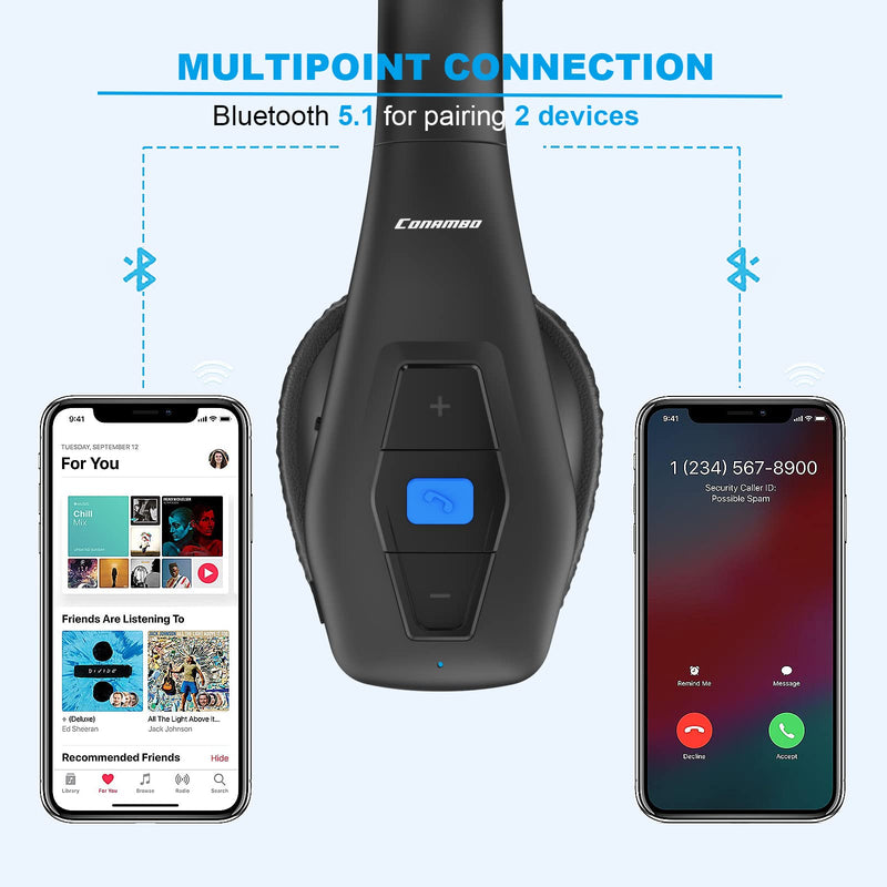 Conambo Bluetooth Headset V5.1, Trucker Bluetooth Headset with CVC8.0 Dual Mic Noise Canceling & Mute Button & 60 Hrs Workingtime Wireless On-Ear Headphones for Trucker Home Office Work Cell Phones