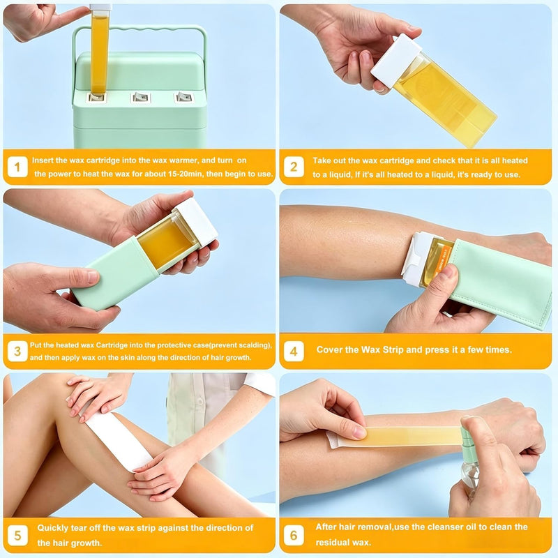 3 IN 1 Roll On Waxing Kit, Fast Heating Wax Warmer Machine with 3 Honey Wax Roller Refill, Wax Roller Heater Kit for Full Body Hair Removal, Ideal for Home & Salon Green