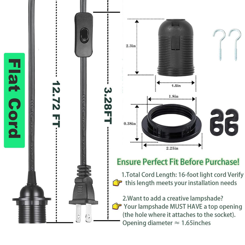 Plug in Pendant Light Cord Kit - 16Ft Light Socket with Cord E26/E27 Extension Hanging Lantern Lamp Cable with Switch,Socket Rings, 4 Pack, Black 16FT-4Pack-Black