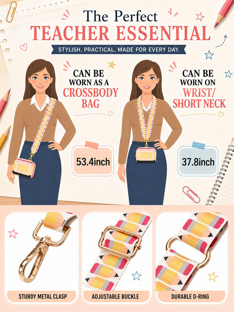 Woanger Teacher Phone Crossbody Lanyard with Wallet Pouch, Adjustable Clip Cell Phone Lanyard Back to School Teacher Gift Pencil