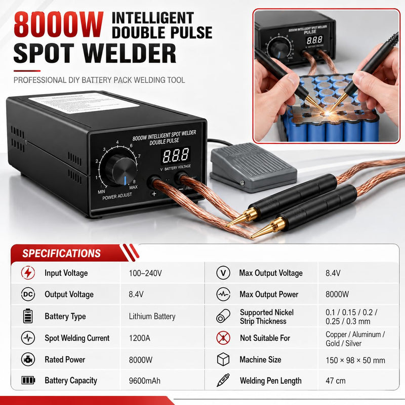 8000W Spot Welder,Handheld Spot Welder,Portable Spot Welder Machine DIY Kit,High Power Handheld Spot Welding Machine,with nickel strip and spot welding pen,for 18650 Battery Pack Welding Tools