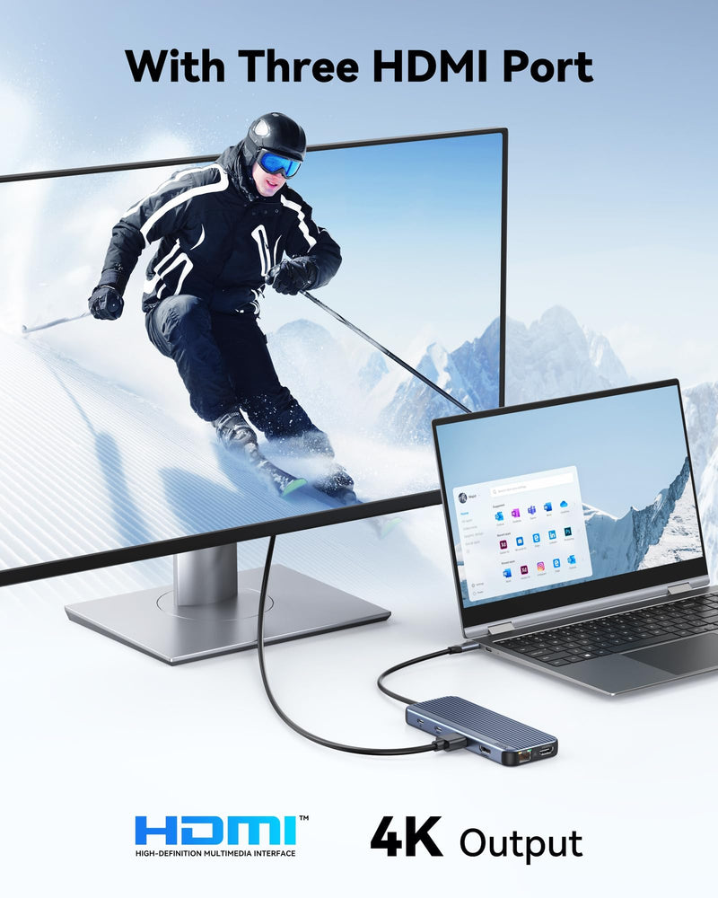 USB C Docking Station 3 HDMI Selore Laptop Docking Station 3 Monitors | Triple HDMI,10Gbps USB A/C 3.1,USB 2.0,100W PD Charging, Gigabit Ethernet, Audio Mic,SD/microSD Card Slot,for Windows Laptops 12-in-1 3 HDMI