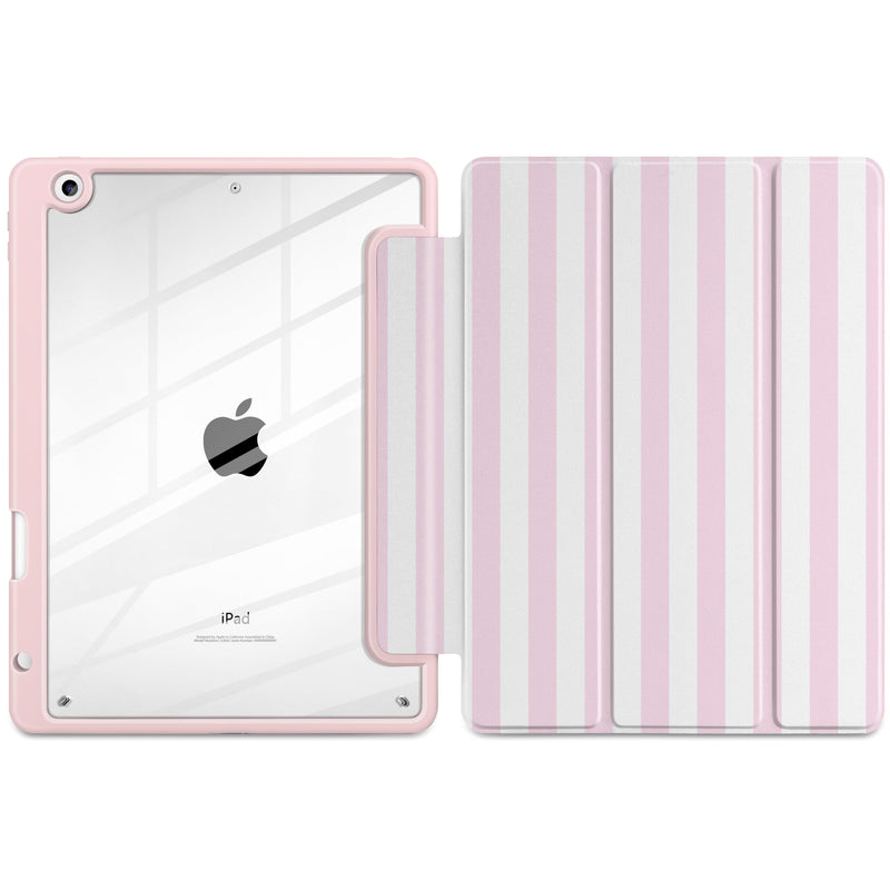 Case for iPad 9th / 8th / 7th Generation 10.2 inch, Pink Stripe | Cute Preppy Coastal Design Aesthetic Pink White Striped Trifold Cover with Soft TPU Bumper, Clear Back, Auto Sleep/Wake Pink white stripes