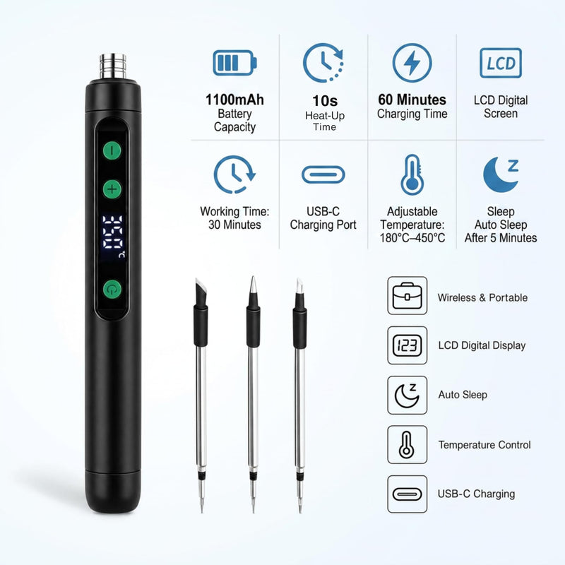 Cordless Soldering Iron Kit, USB Rechargeable Portable Soldering Iron Pen with Digital Display, Adjustable 180-450°C Fast Heating Mini Soldering Iron for DIY Electronics Repair（Black） Black