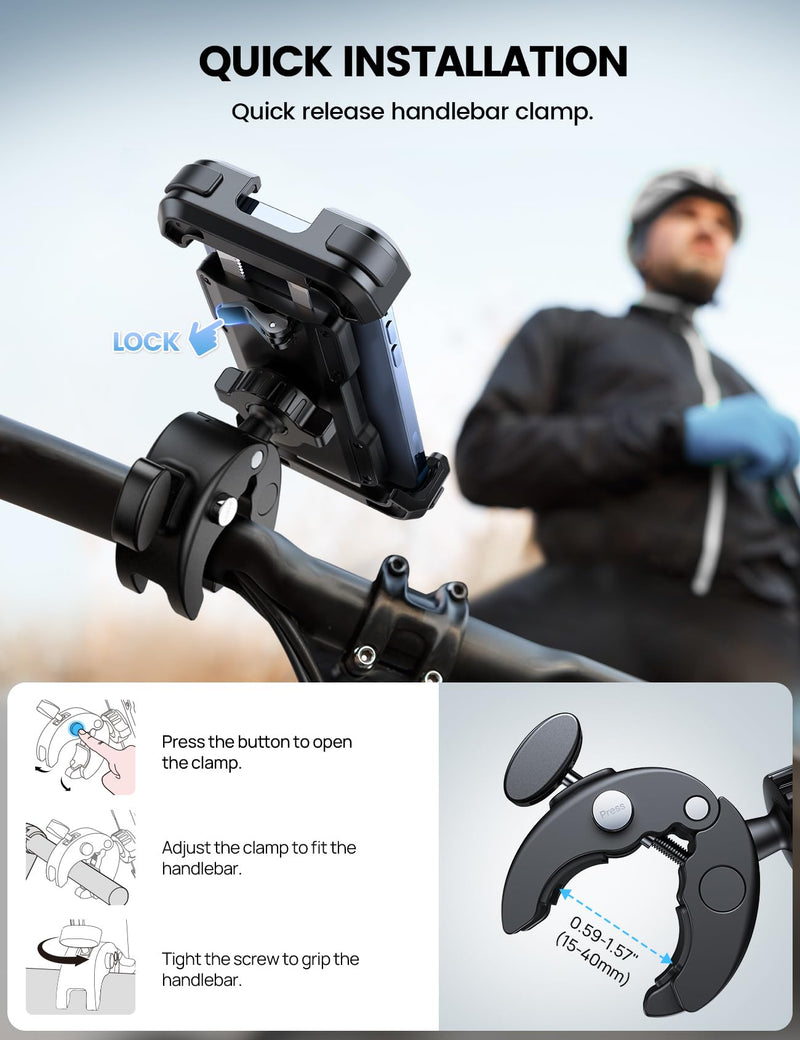 Lamicall Motorcycle Phone Mount, Bike Phone Holder - Upgrade Quick Install Handlebar Clip for Bicycle Scooter, Cell Phone Clamp for iPhone 16 15 Pro Max/ 14/13, Galaxy S10 and More 4.7-6.8" Phone Black