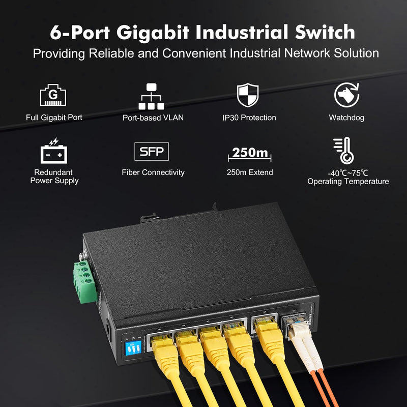 MokerLink 6 Port Industrial Din Rail Gigabit Switch - 4 x 100/1000Mbps Ports, 1 Gigabit Uplink, 1 SFP - Metal DIN-Rail & Wall Mount Ethernet Switch 6*1G