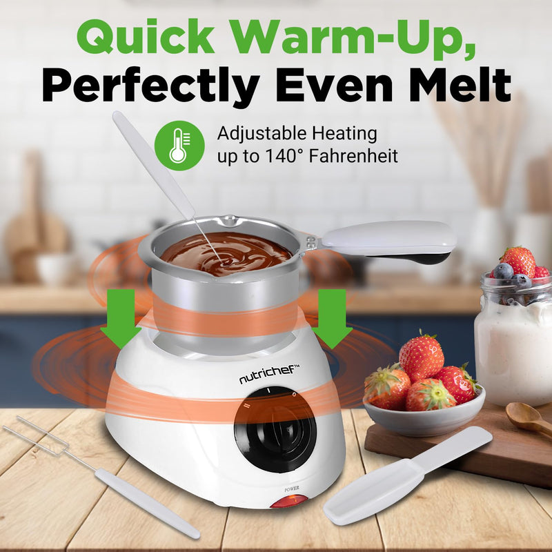 NutriChef Electric Fondue Pot | 25W Chocolate Melting Warmer | 8.8 Oz Capacity | Keep Warm Dipping Function & Removable Pot | Perfect for Melting Chocolate, Butter & Cheese | White One Size