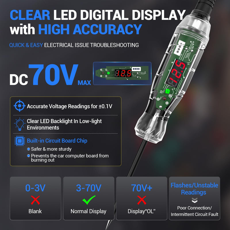 Automotive Test Light VDIAGTOOL P60 3-70V LED Digital Voltage Display, Circuit Tester with Voltmeter & Dual Polarity Indicator Light, Tester Electric, Bidirectional Voltage Tester w/Stainless Probe