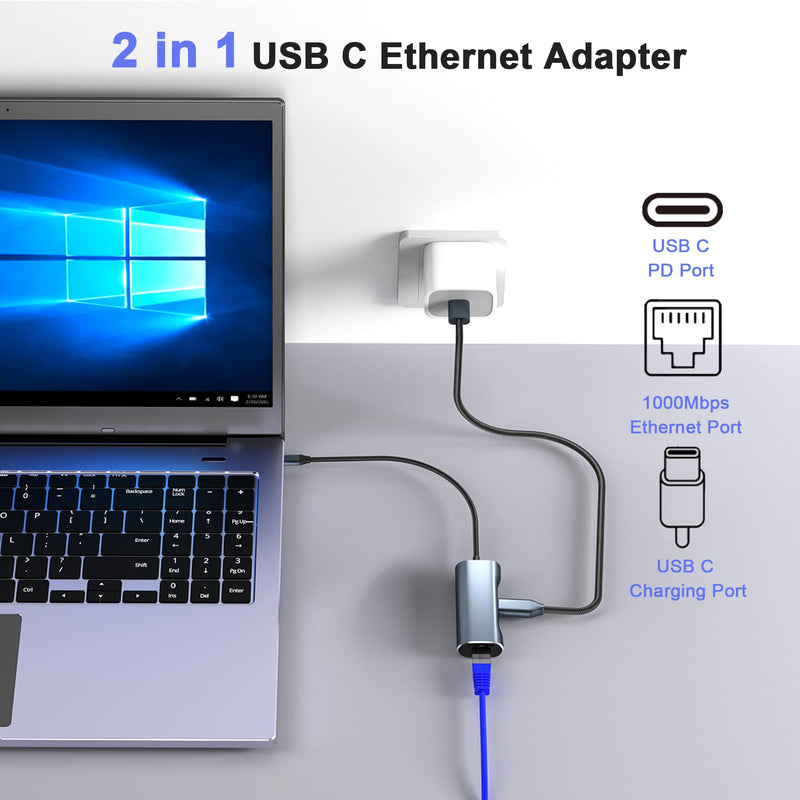 1000Mbps Ethernet Adapter for Chromecast with GoogleTV, USB C TO Ethernet adapter with 100W charging port, ethernet to USB C adapter for Chromecast GoogleTV[HD/4K], Laptop,with More Streaming TV Stick