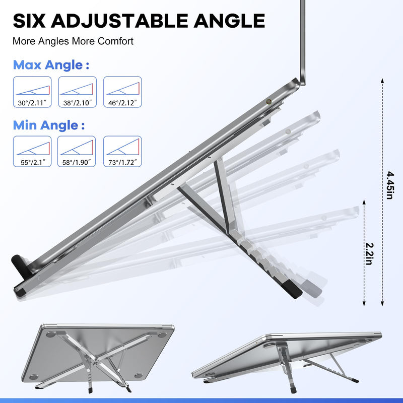 Foldable Laptop Stand, Ergonomic Aluminum Desktop Holder Riser,6 Angles Adjustable,Lightweight Compact, Compatible with 10-17.3'' MacBook,iPad,Dell,HP,Lenovo,Asus,Samsung etc. (Silver) Silver