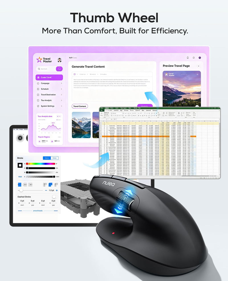 Nulea Ergonomic Vertical Wireless Mouse with Horizontal Scroll Wheel | Bluetooth And 2.4G Rechargeable Mouse With 6 Buttons, 3 Device Switching, Long Battery Life For PC And Mac