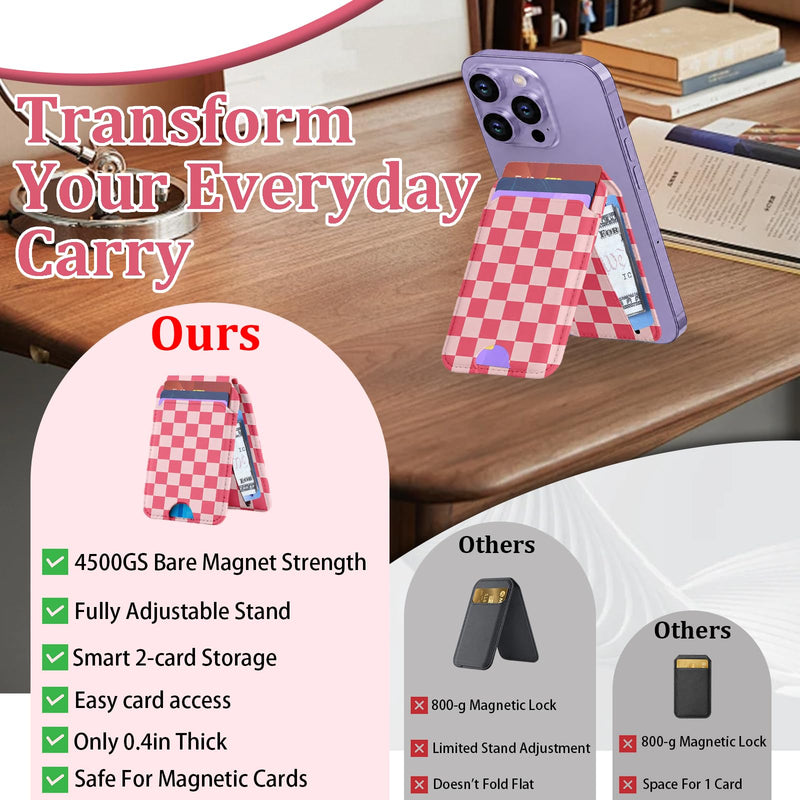 bolimoss Checkered for Magnetic Wallet with Makeup Mirror, Cute Leather Magnetic Card Holder for iPhone, Phone Wallet with 2 Card Slots & Adjustable Stand for iPhone 17/16/15/14/13/12 Series(Pink) Rose Red Checkerboard