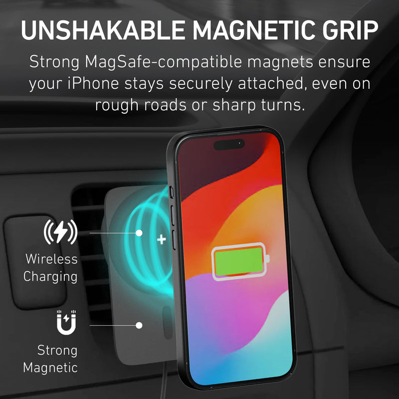 PEEL Magnetic Wireless Car Charger (Black) | Compatible with MagSafe Devices, 15W Fast Wireless Charging, Adjustable Vent Mount for iPhone 17/16/15/14/13/12