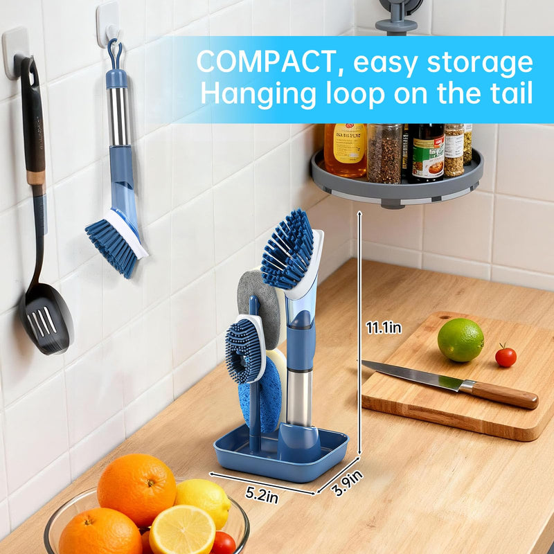 Soap Dispensing Scrub Brush - 4-in-1 Kitchen Cleaning Brush with Built-in Tank, Scraper Heads for Stubborn Grime on Pots Pans, Stand/Hang Storage-Blue 5 Blue