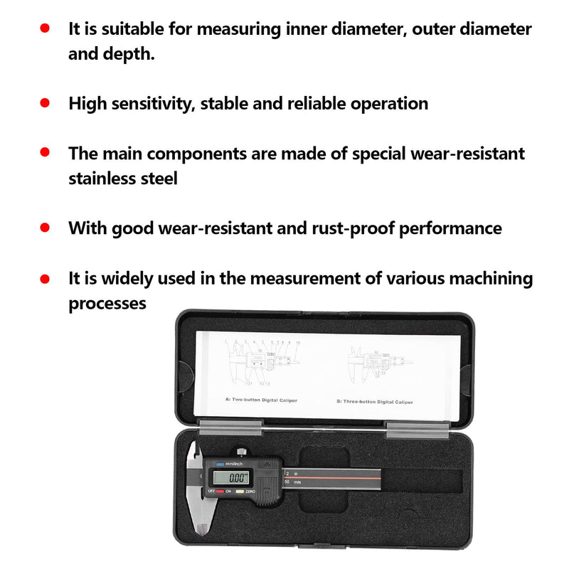 Electronic Digital Vernier Caliper, 50mm / 2in High Precision Portable Caliper Measuring Tool (Delivered Without Battery)