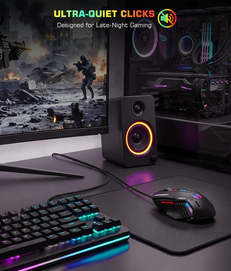Customizable Wired Gaming Mouse with 6 Levels DPI and 6 Programmable Button | Low-Noise Clicks and RGB Lighting for Gaming, Office Work and Daily Use Black