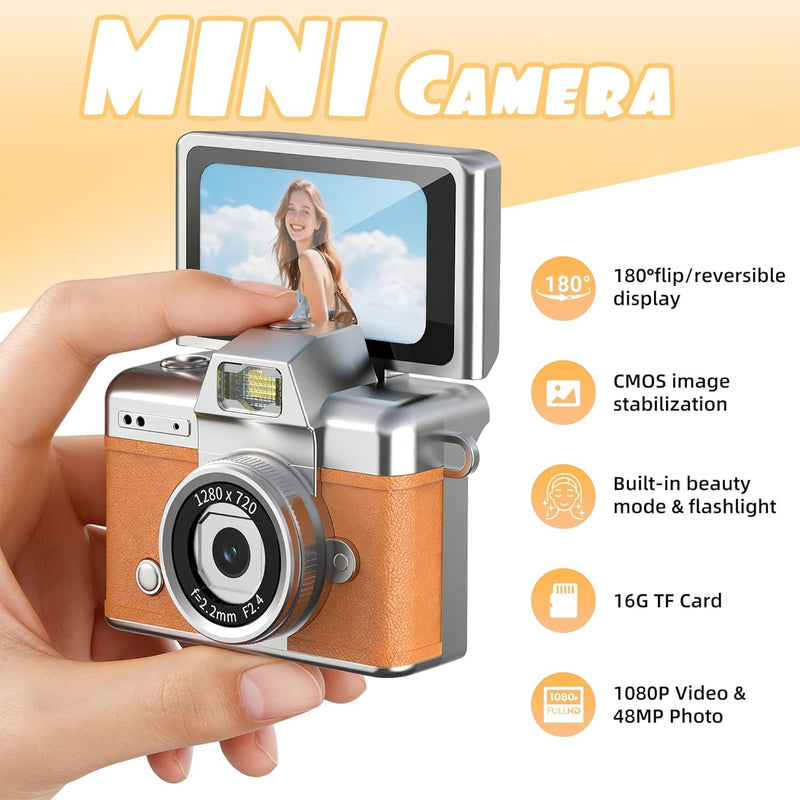 Keychain Camera with Flip Screen Series,1080P HD Multiple Shooting Recording Modes, Portable Digital Camera with 16GB SD Card for Travel, Party. Ideal Pendant Gift Black