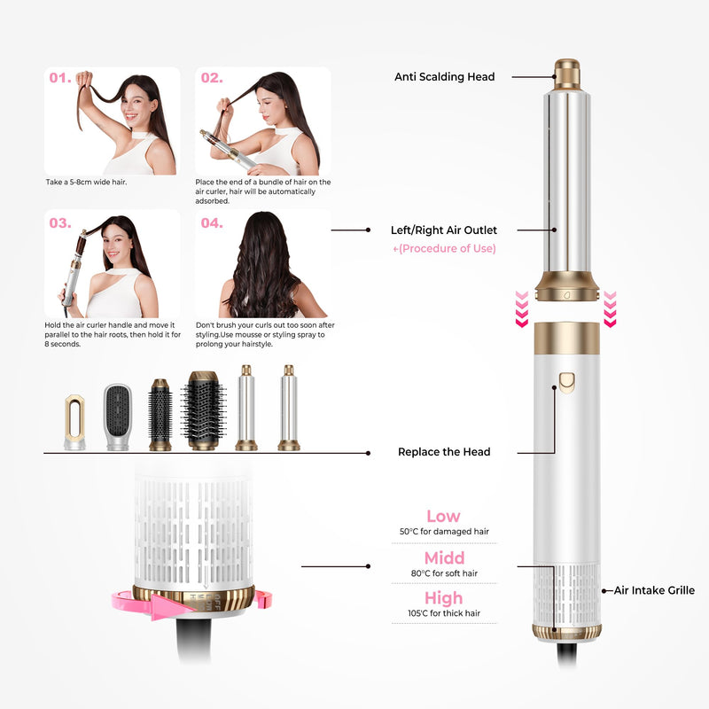 MogaWave Airbrush Pro Hair Styler 6 in 1 Air Styler with 1000W Hair Dryer, Blow Dry Hair Brush, Air Curler, Multi Hair Stylers for Drying and Styling Straightening Volumizing Curling Sleeking White