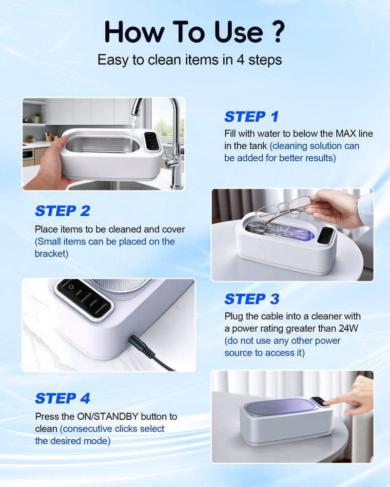 Ultrasonic Jewelry Cleaner Machine, 48KHz Ring Ultrasonic Cleaner, 4 Cleaning Modes - Suitable for Eyeglasses, Jewelry, Rings, Watchbands, Braces, Dentures, 13.5oz 304 Stainless Steel Tank for Gift White