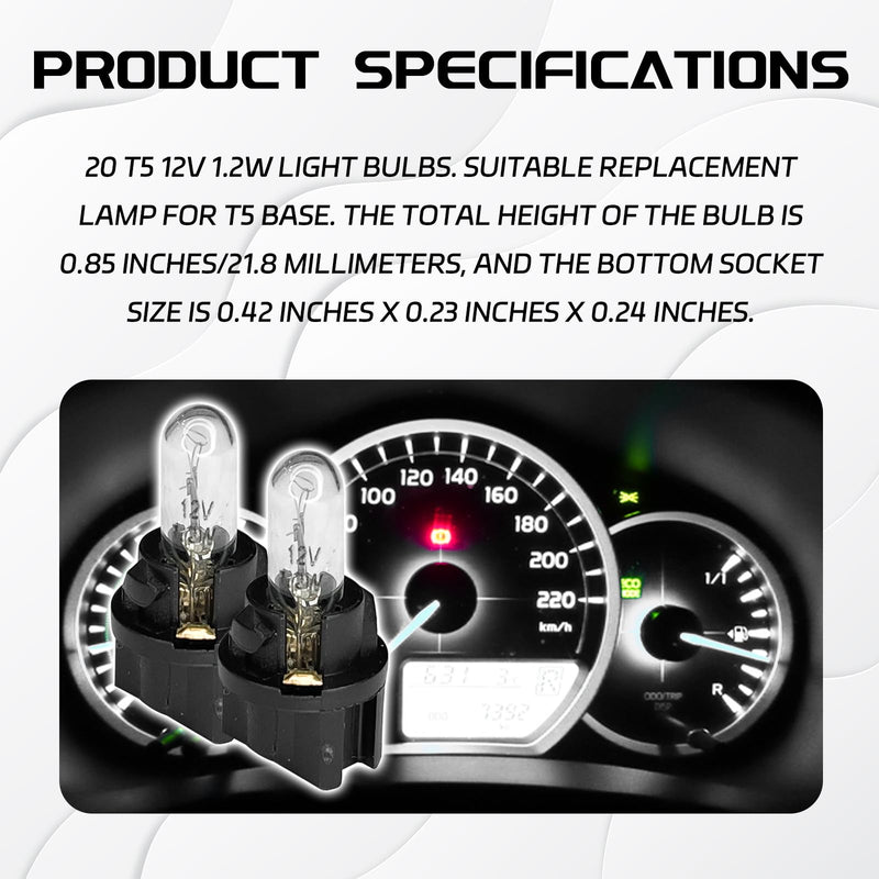 20PCS T5 17 57 86 Halogen Instrument Cluster Bulbs Kits, 12V Dash Light for Car Interior, Automotive Replacement Gauge Cluster Panel Bulb with T5 Sockets, Universal Lighting Accessories（White White