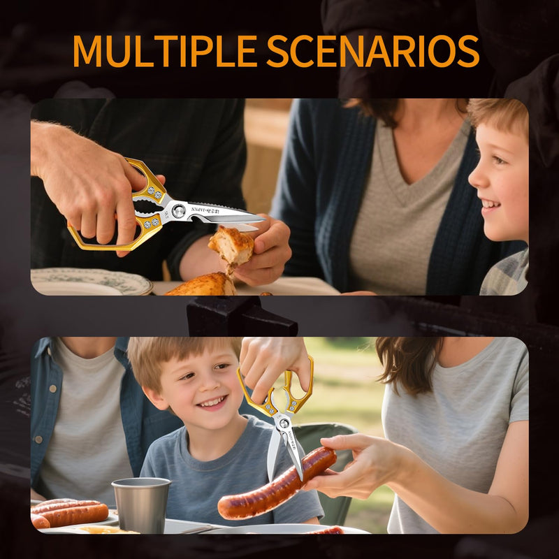 Kitchen Scissors, Multi-Purpose Japanese Kitchen Shears, Heavy Duty Dishwasher Safe Food Scissors for Chicken, Poultry, Fish, Meat & Herbs with Non-Slip Grips - Sliver Gold&gold 2-Pack