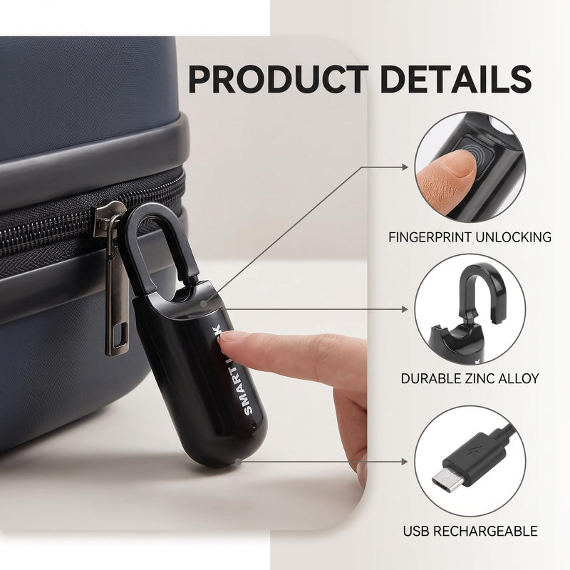 Fingerprint Padlock, Fingerprint Lock, AntiTheft, USB Rechargeable, 10 Fingerprints Can Be Registered, for, Gyms, Offices, Doorways, Backpacks, Bags, Luggage Cases (Black) Black