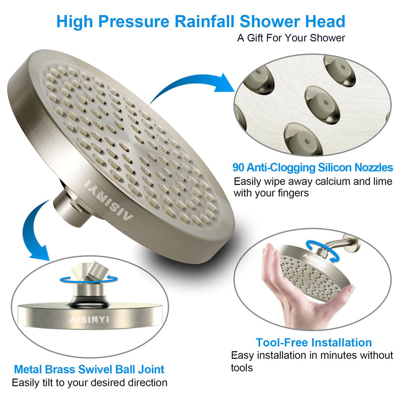 High Pressure Rainfall Shower Head, 6 Inches Luxury Showerhead with Perfect Adjustable Replacement, Removable Restrictor, Easy Installation for Your Bathroom Shower Heads (Brushed Nickel) 6 Inch Round (1 PCS) Brushed Nickel