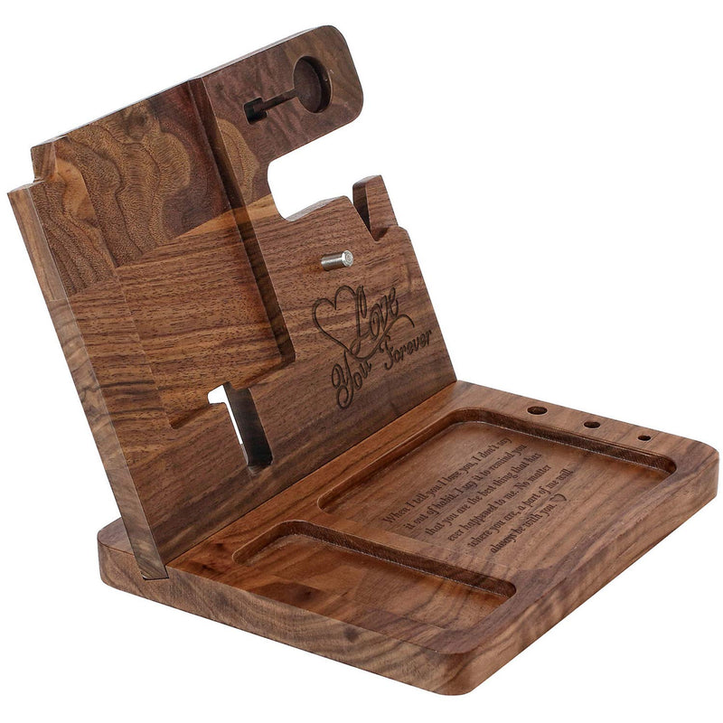 Wood Phone Docking Station for Men Personalized - for Him Husband Boyfriend Birthday - Wooden Organizer Nightstand Organizer For husband/boyfriend