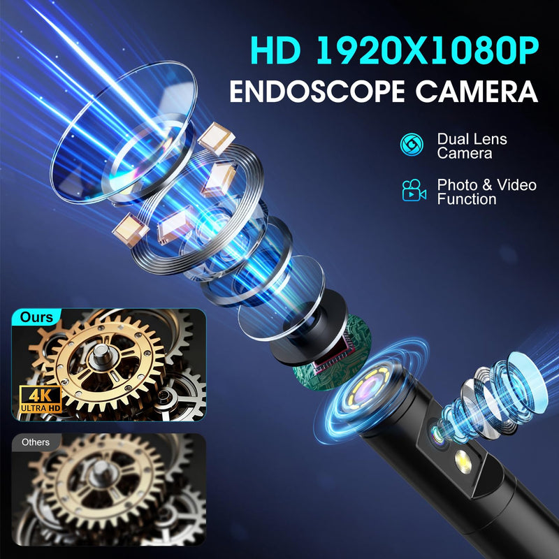 Dual Lens Endoscope Camera with Light, 1920P HD Industrial Borescope with 4.3" LCD, IP67 Waterproof Inspection Camera, 16.4FT Semi-Rigid Cable, 8 LED Lights 32GB Card, for Sewer Pipe Car Repair(Black) black