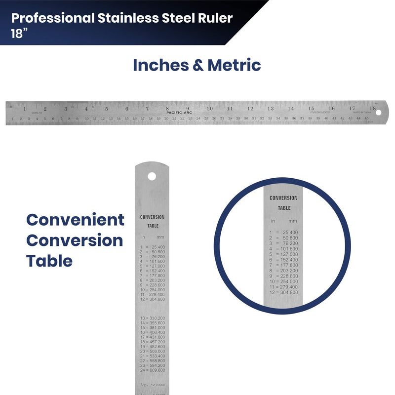 Pacific Arc 18 Inch Stainless Steel Ruler with Inch/Metric Conversion Table 18 In