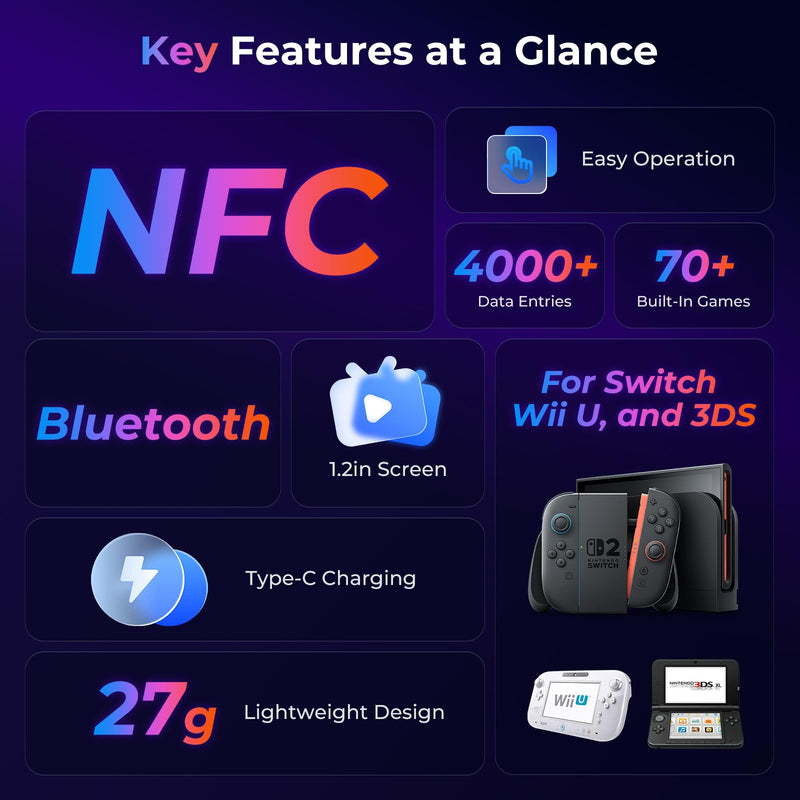 Allmiibo Ultra NFC Emulator with 4000+ Built-in Files for Nintendo Switch | Unlimited Scans, 1.2-in LCD, Auto UID Regeneration, USB-C Charging, Works with Wii U and 3DS White