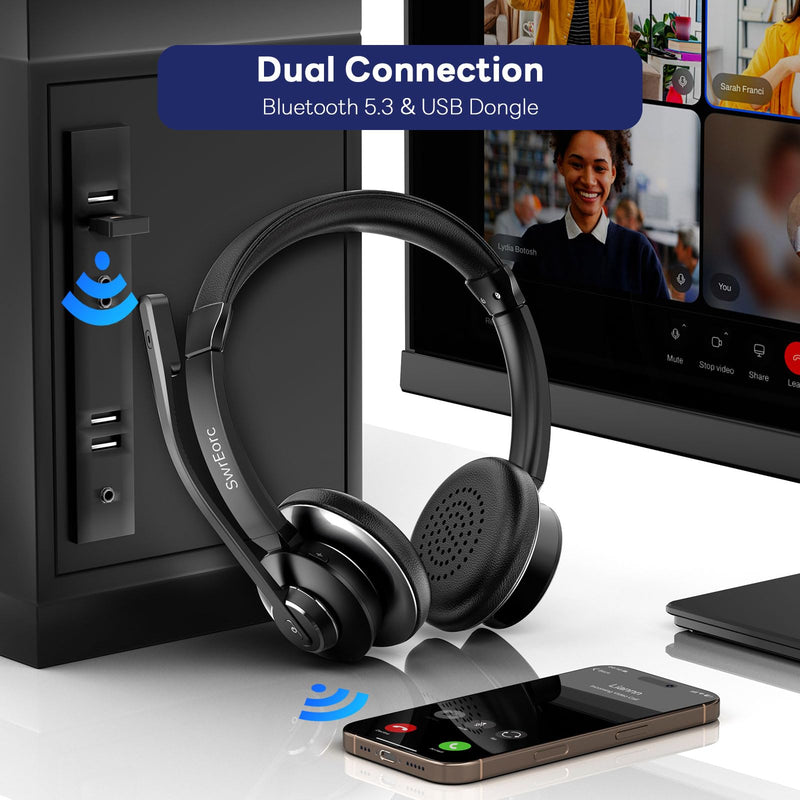Bluetooth Headset, Wireless Headset with Mic for Work, Advanced AI Noise Cancelling Microphone (Clear Calls & Mic Mute), Bluetooth 5.3, USB Dongle, Headphones with Mic, for PC/Zoom/Office Black