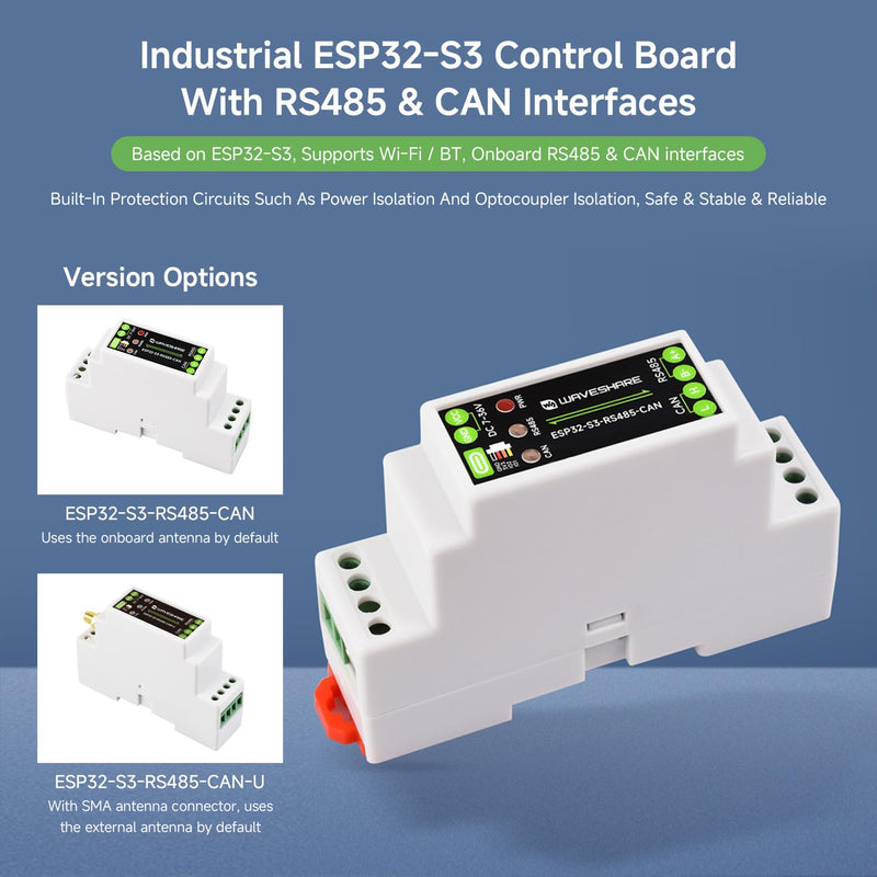 Waveshare Industrial ESP32-S3 Control Board with RS485 and CAN Interfaces | Supports Wi-Fi / BLE, Built-in Multiple Protection Circuits,power and optocoupler isolation, Safe & Stable & Reliable