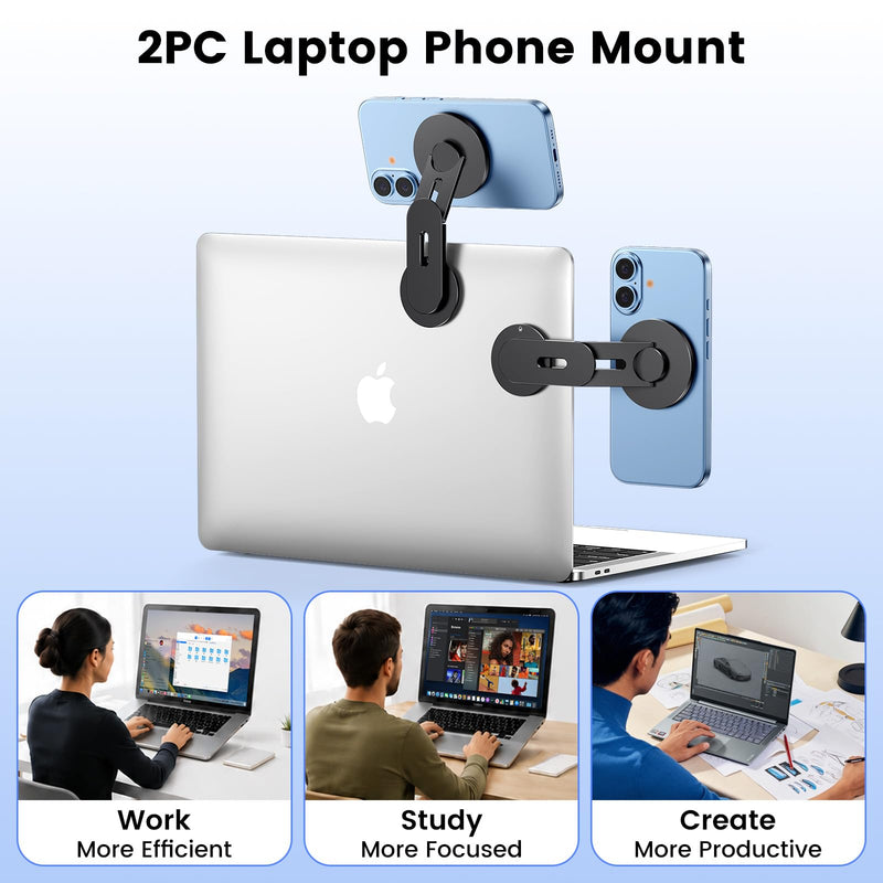 Magnetic 2PC Phone Holder for Laptop, MagSafe Laptop Phone Mount for iPhone 17/16/15/14/13/12 & All Phones, 180°Adjustable Phone Side Mount for Monitors for Tesla 3/Y Black pro Standard