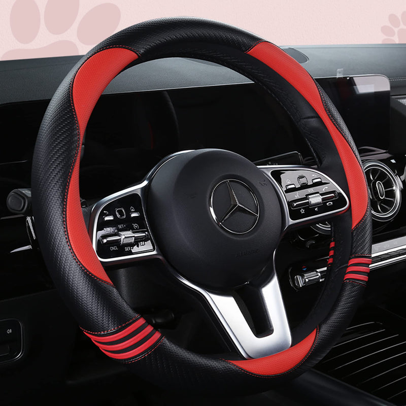 Car Steering Wheel Covers for Women Padded Carbon Fiber PU Leather Cute Auto Interior Accessories for Vehicle, Sedan, Universal, Anti Slip, Red, Standard Size 14.5-15"(37-38cm) Red+Black Standard Size[14"1/2-15"](37-38cm)