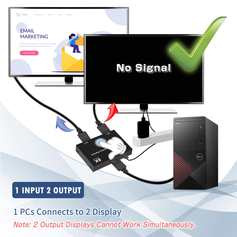 8K DisplayPort Switch Splitter DP 1.4 Bidirectional Switcher Support 8K@30Hz 4K@120Hz 2 in 1 Out or 1 in 2 Out Compatible with PC/HDTV/Projector/Monitor etc